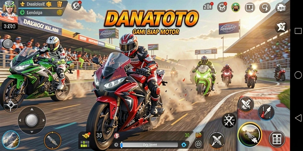 Tampilan gameplay <strong>DANATOTO</strong> menampilkan aksi balapan motor yang seru.