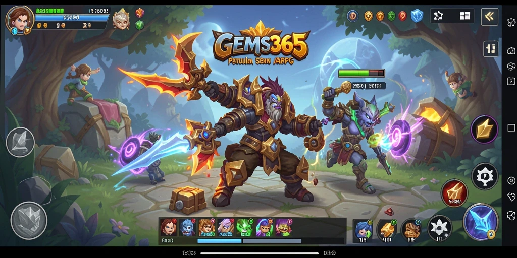 Tangkapan layar GEMS365 menunjukkan aksi pertarungan yang intens dan dunia yang memukau.