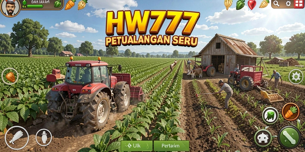 Screenshot HW777 menunjukkan aktivitas seru di lahan pertanian.