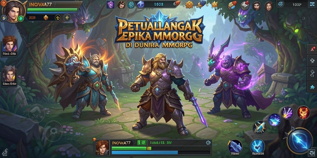 Tangkapan layar utama INOVA77 menampilkan aksi pertempuran seru dalam dunia MMORPG.