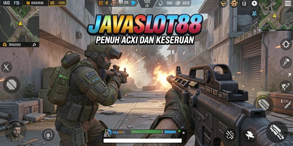 Tampilan memukau dari gameplay FPS JAVASLOT88 saat aksi pertempuran berlangsung.