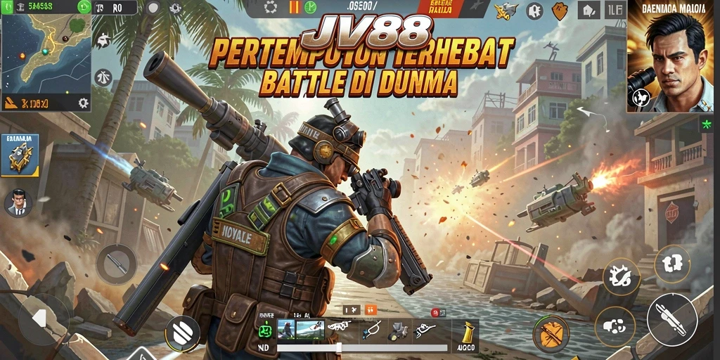 Tangkapan layar gameplay JV88 menampilkan aksi seru di arena Battle Royale.