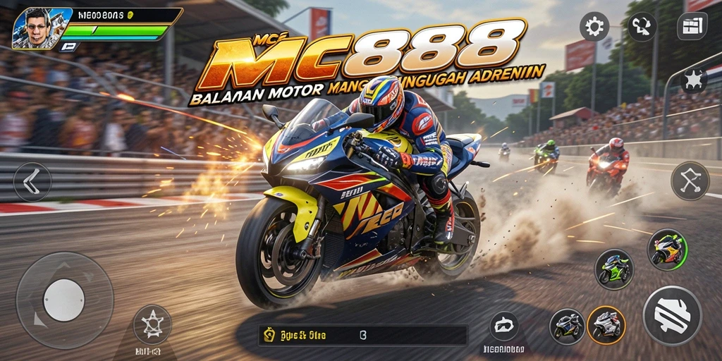 Screenshot gameplay MC888 yang menampilkan balapan motor yang seru.