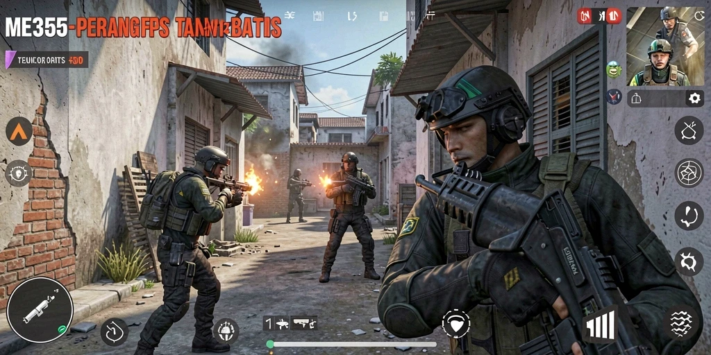 Screenshot utama ME355 menampilkan aksi perang FPS yang menegangkan.