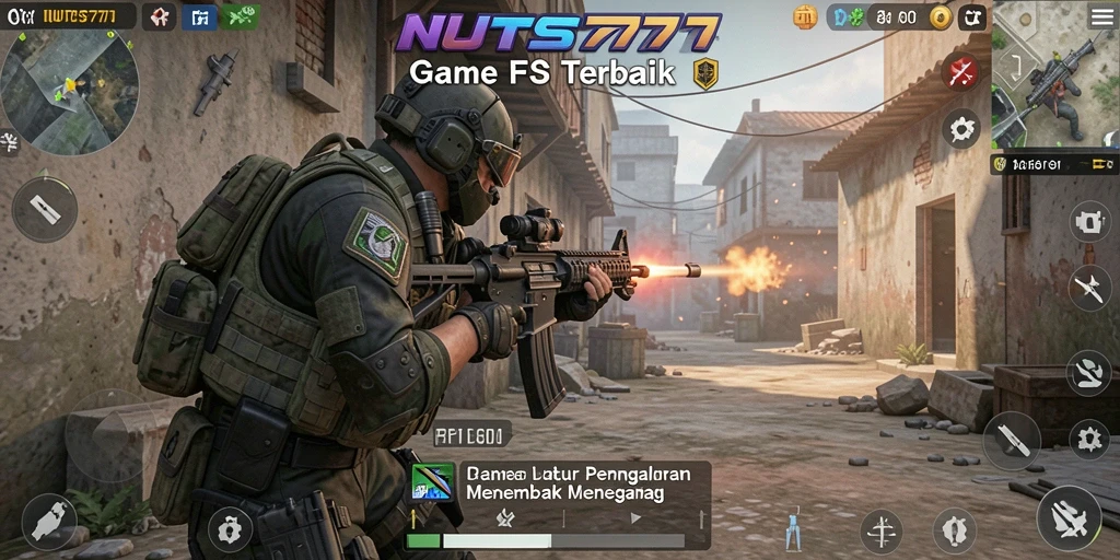 Screenshot gameplay NUTS777 menampilkan aksi tembak-menembak yang intens.