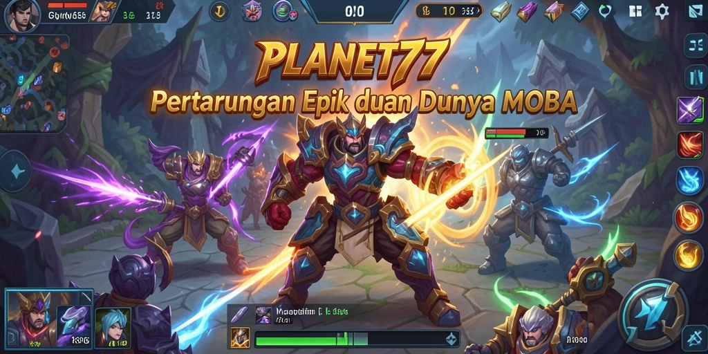 Tangkapan layar PLANET77 menunjukkan aksi seru dalam pertarungan MOBA.
