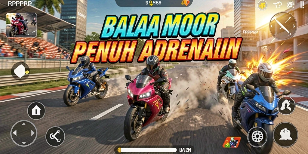 Screenshot gameplay RPRPRP yang menampilkan balapan motor yang mendebarkan.