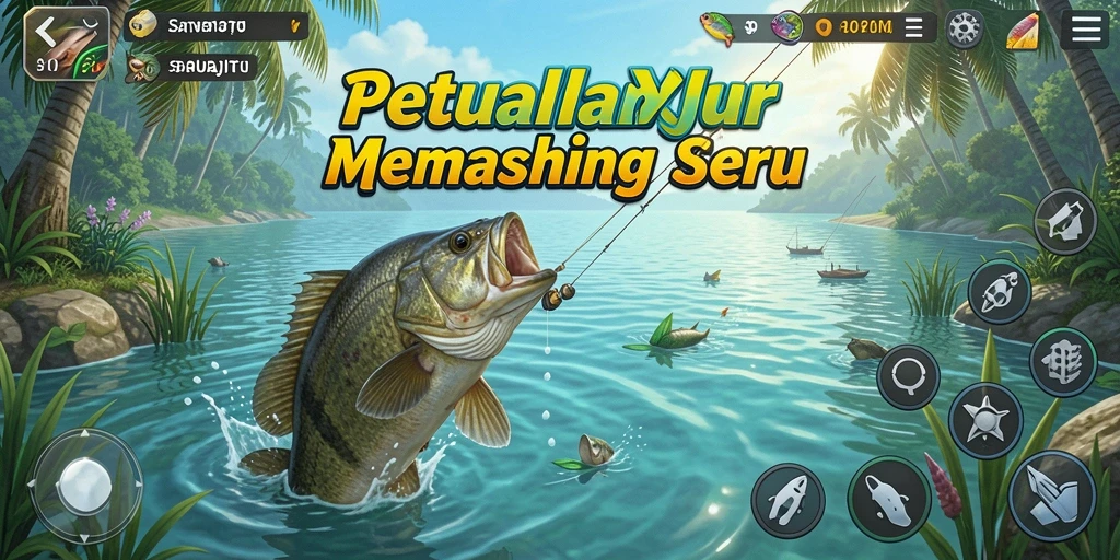 Screenshot SARANAJITU menunjukkan pemain sedang memancing di danau yang indah.