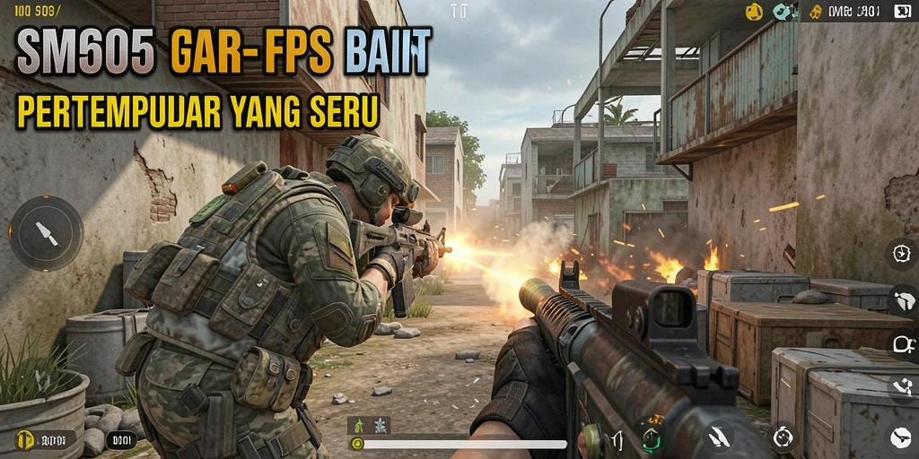 Tangkapan layar gameplay SM605 menunjukkan aksi tembak-menembak yang intens.