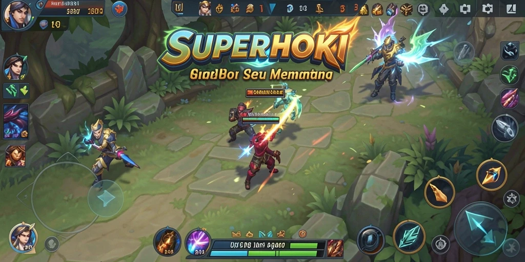 Tampilan gameplay SUPERHOKI dengan karakter yang beraksi di arena MOBA.