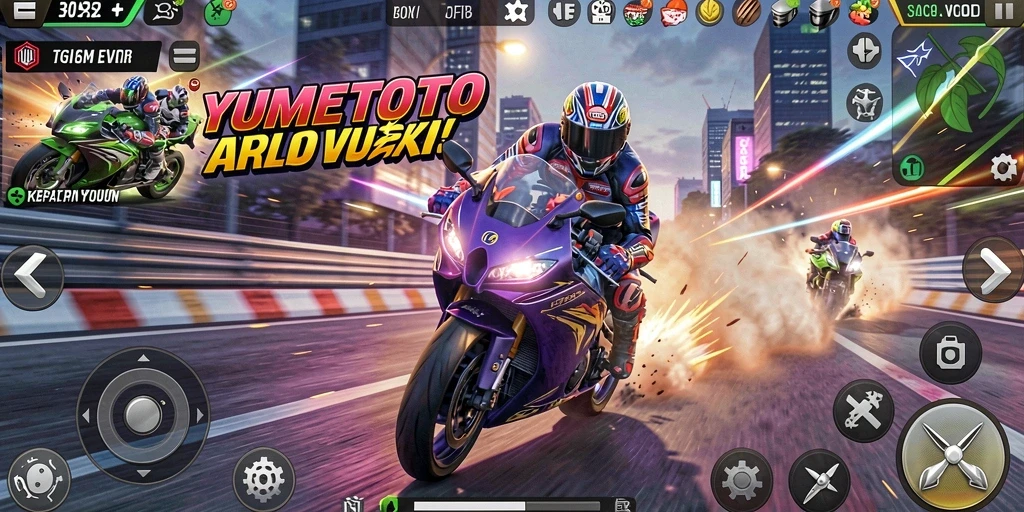 Gameplay menegangkan dalam YUMETOTO dengan balapan motor yang seru.