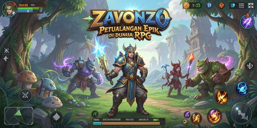 Screenshot ZAVONZO menampilkan pertarungan epik antara karakter melawan monster.